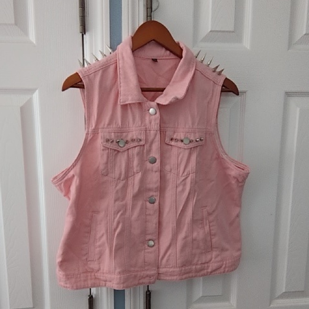Pink Sleeveless Denim Vest with Studs